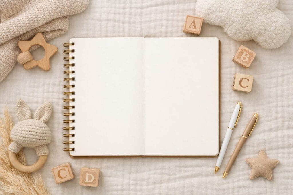 Flat lay of a blank baby name notebook on a soft neutral nursery background, representing unique baby names for 2026.