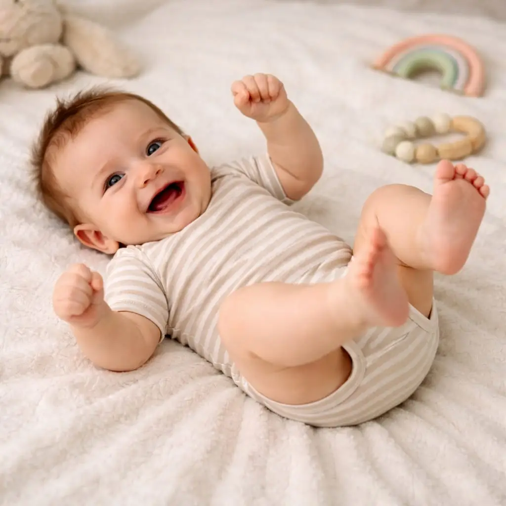 “Baby lying on blanket, kicking legs rapidly, showing excitement or overstimulation, smiling and playful expression”