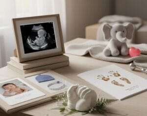Collection of modern baby keepsakes including ultrasound frame, memory book, 3D hand casting kit, and heartbeat plush – preserving precious newborn memories