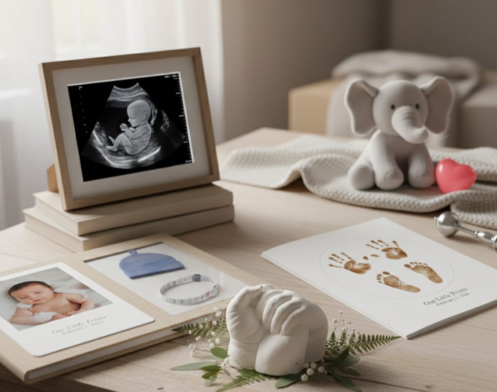 Collection of modern baby keepsakes including ultrasound frame, memory book, 3D hand casting kit, and heartbeat plush – preserving precious newborn memories