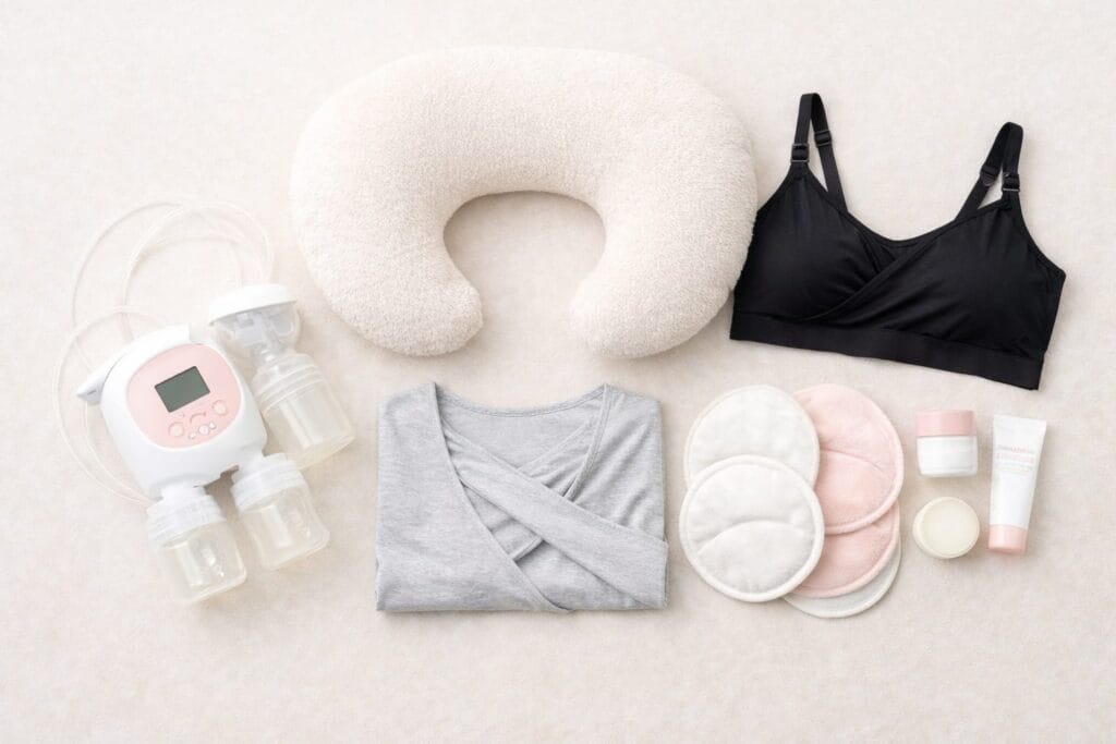 Flat lay of essential breastfeeding products for new moms, neatly arranged on a light pastel background.