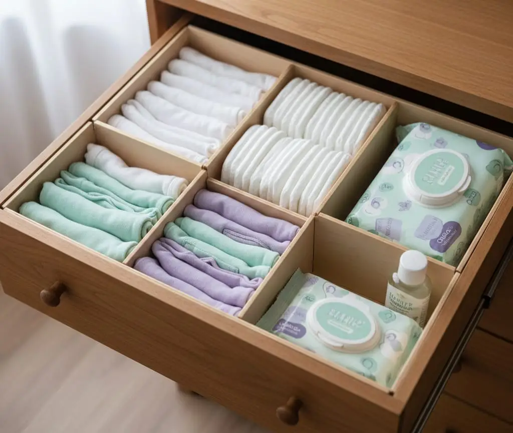 Neatly organized nursery dresser drawer with folded baby onesies in mint and lavender, diapers, wipes, and baby oil.
