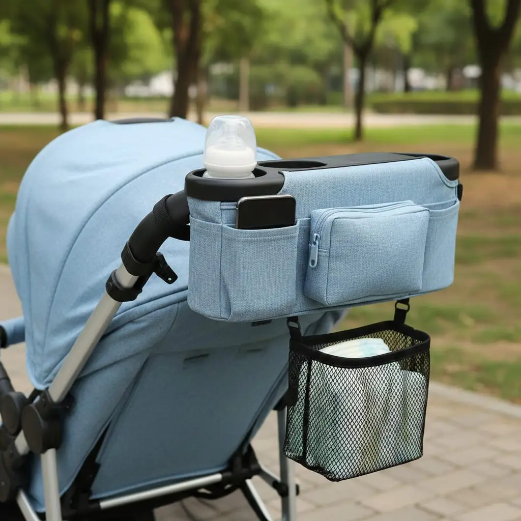 Baby stroller with an attached caddy organizer, holding diapers, bottles, and essentials for a stress-free walk. Perfect stroller accessory for parents.