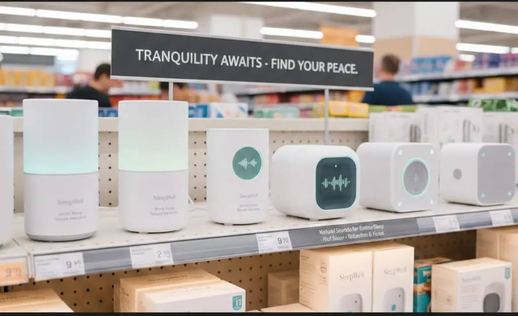 Different baby white noise machines displayed on a supermarket shelf in the baby care aisle.