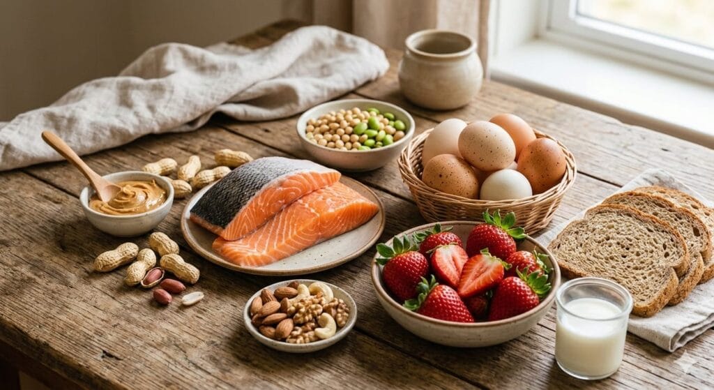 Baby eating first solid foods with hands while learning self-feeding — messy but normal stage when starting solids.